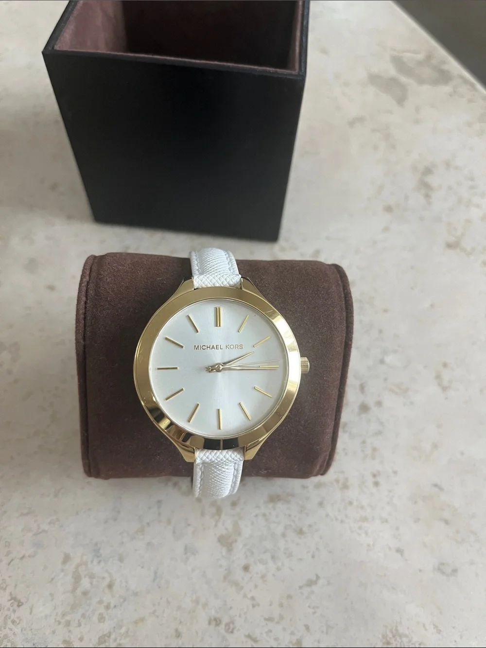 Michael Kors Gold Tone Case White Strap Minimalist Watch
